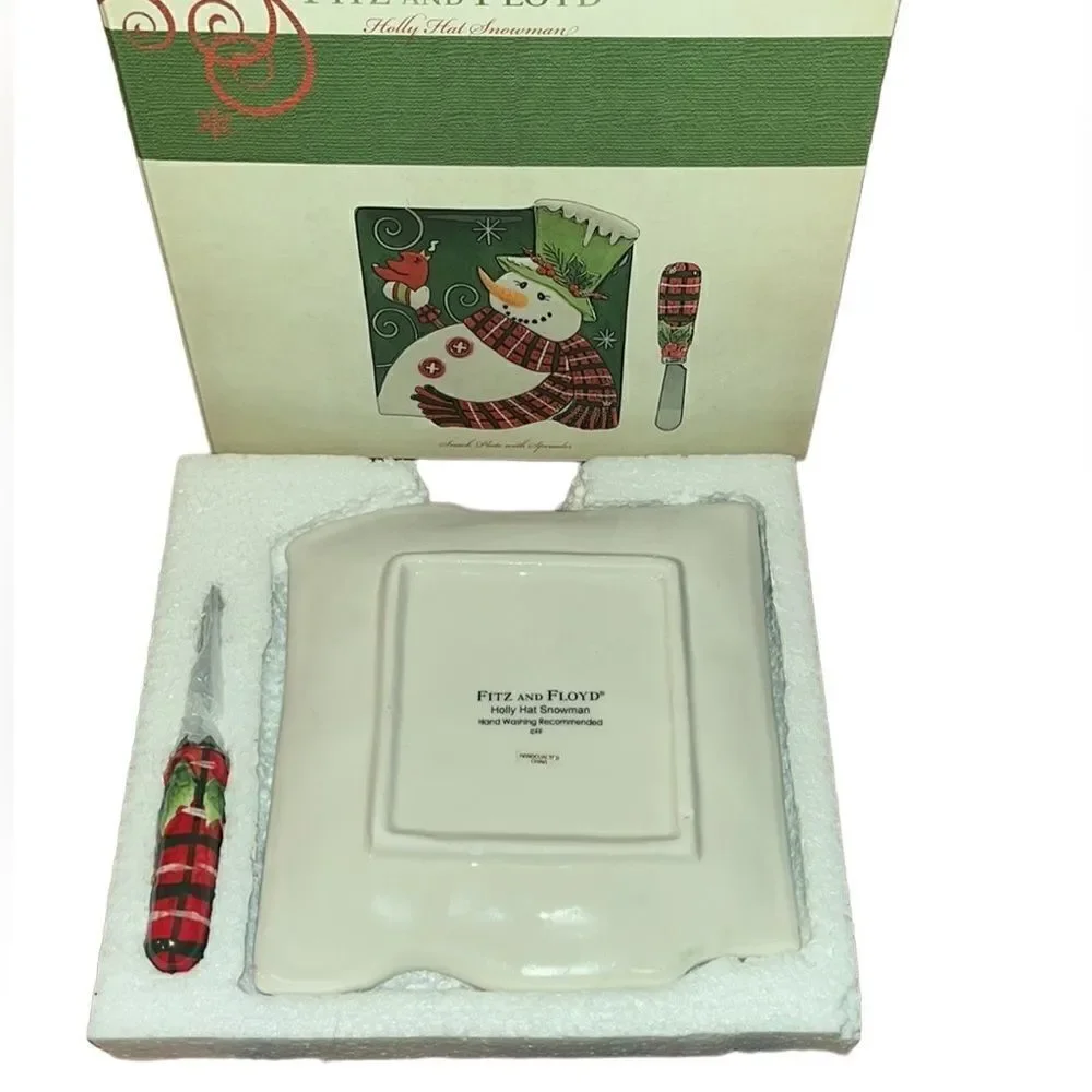 Fitz & Floyd Holly Hat Snowman Snack Plate w/ Spreader